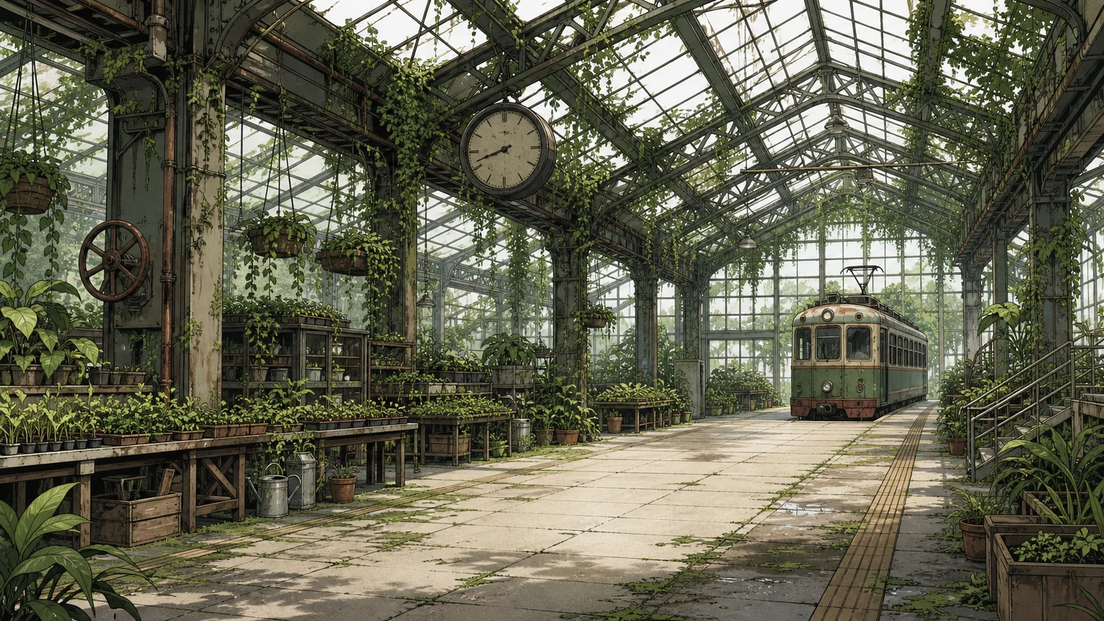 Empty manga-style greenhouse train station background with three repeatable landmark anchors
