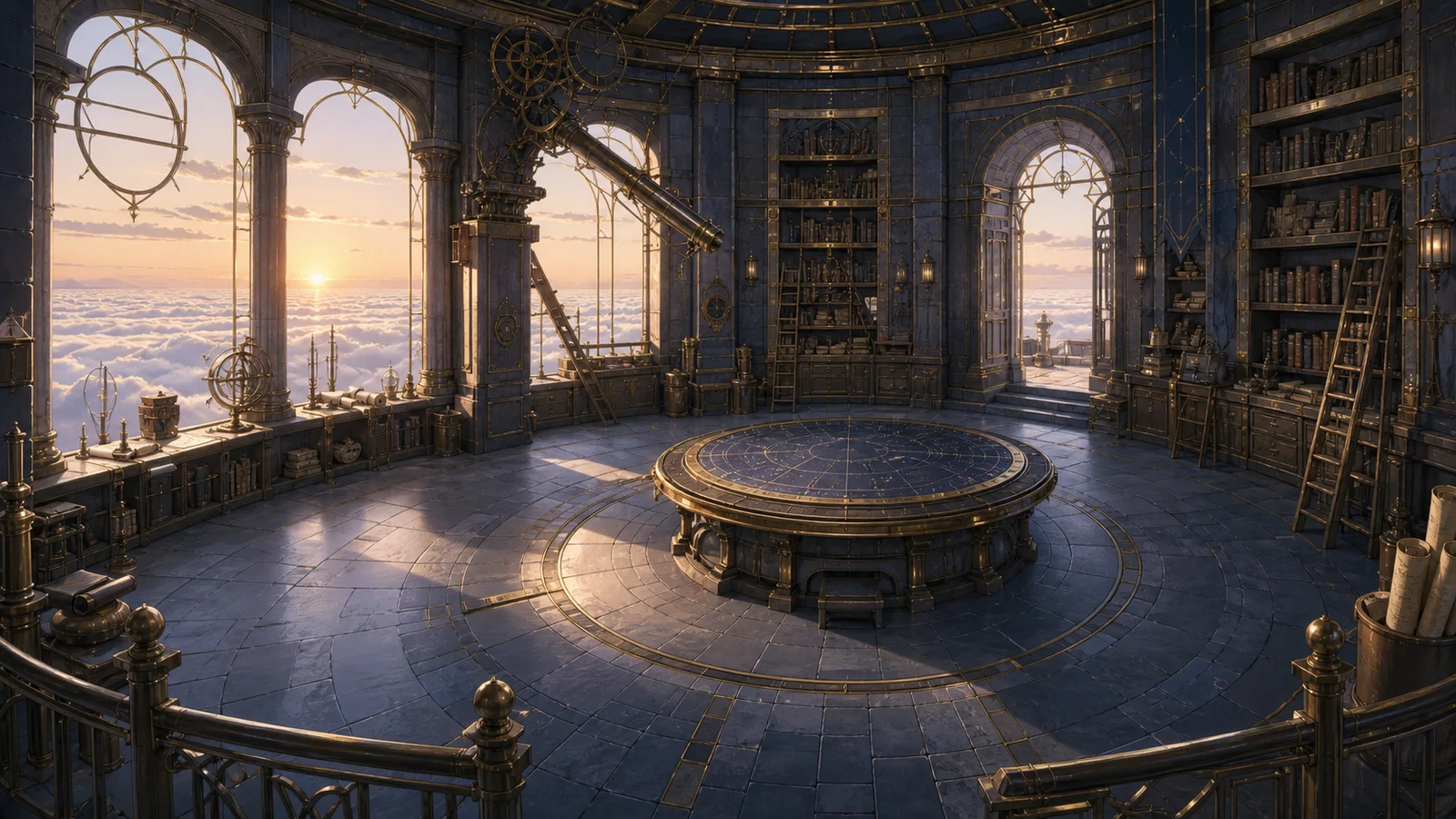 Empty fantasy observatory archive background with a central star table and character-safe floor space