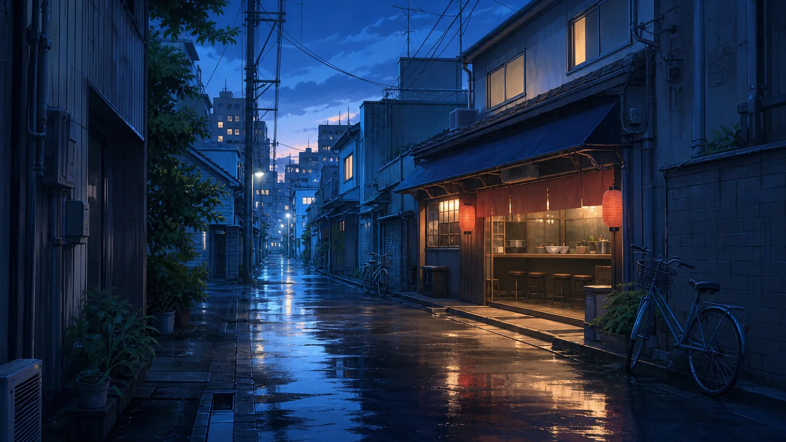 Empty blue-hour anime alley background with wet pavement and open foreground staging space