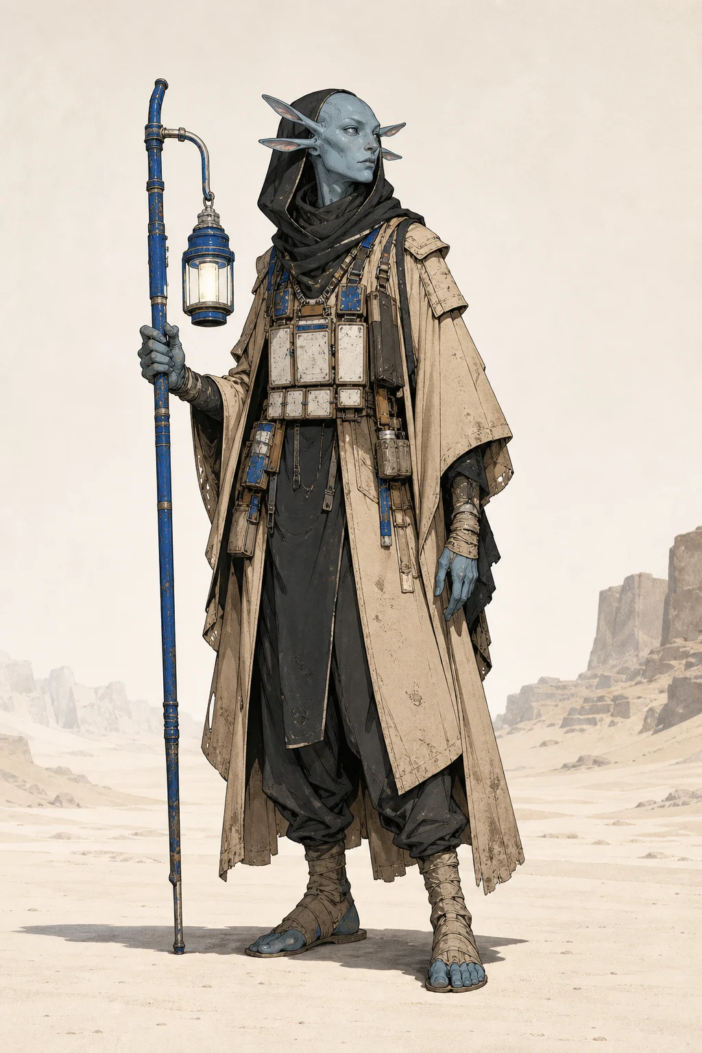 Original full-body science-fiction desert archivist with layered sand coat, ceramic tablets, and cobalt staff