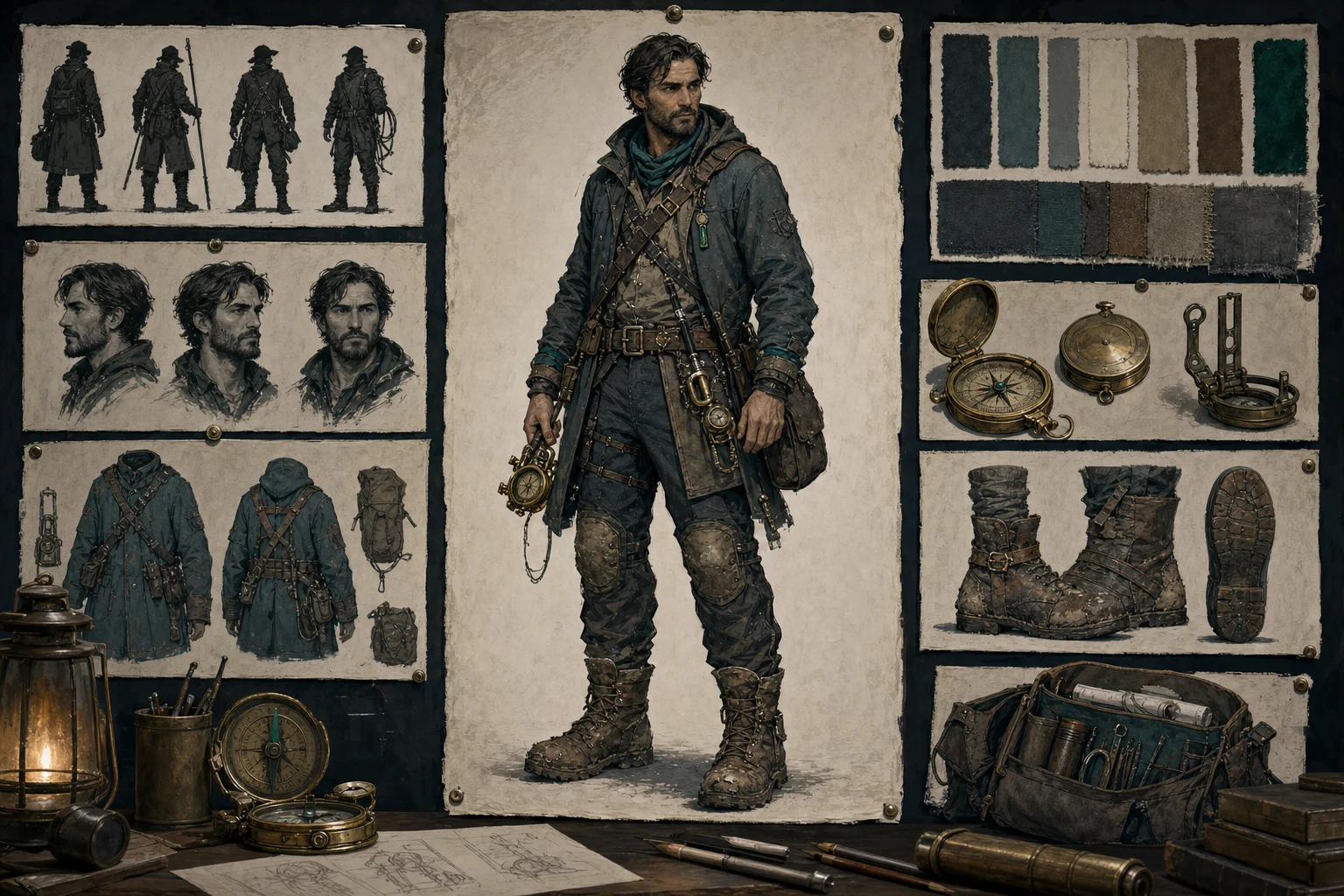 Editorial character design board for an original tunnel surveyor with silhouette, face, clothing, prop, palette and boot studies
