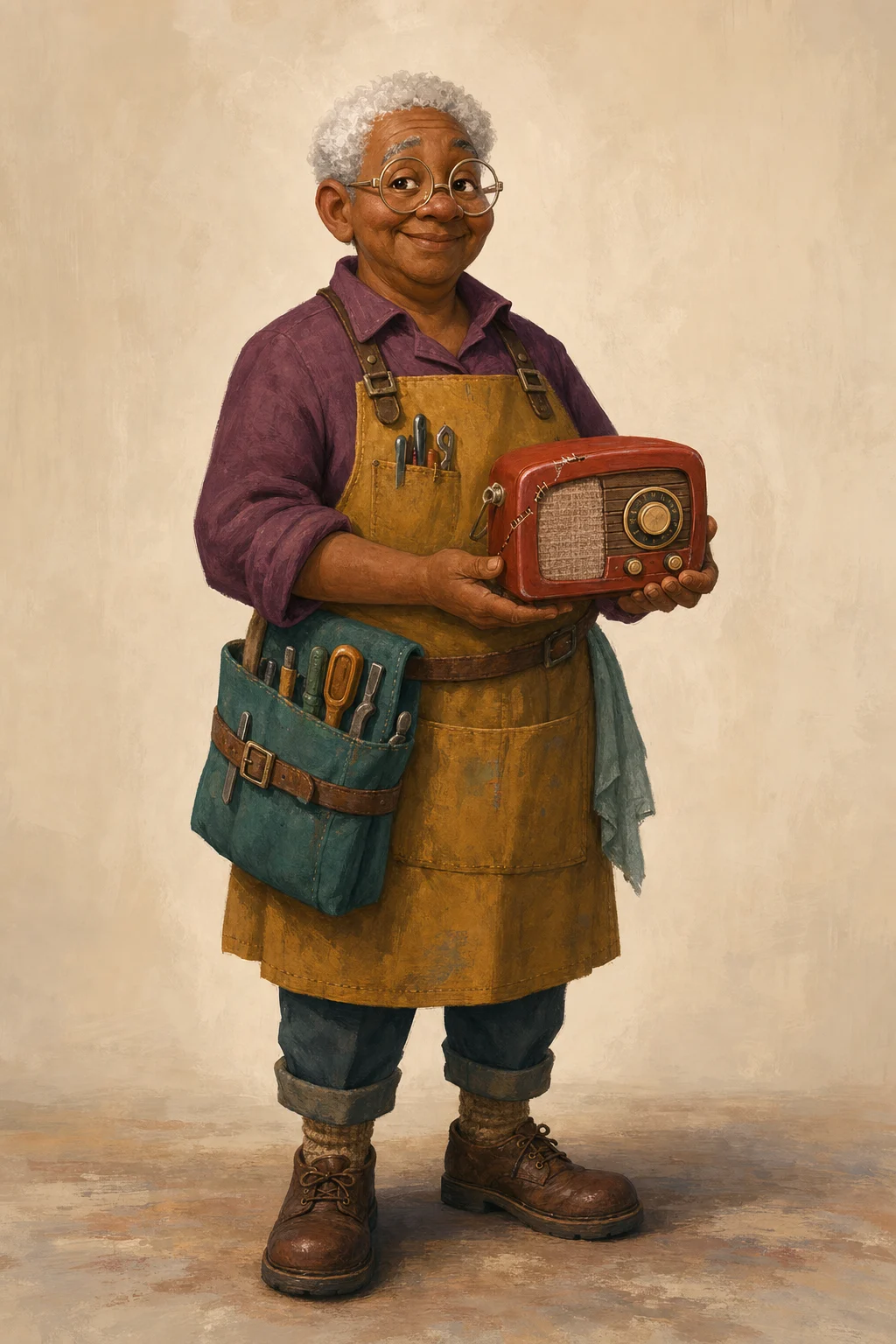 Original full-body animation character concept of an elderly repair-shop owner holding a restored radio