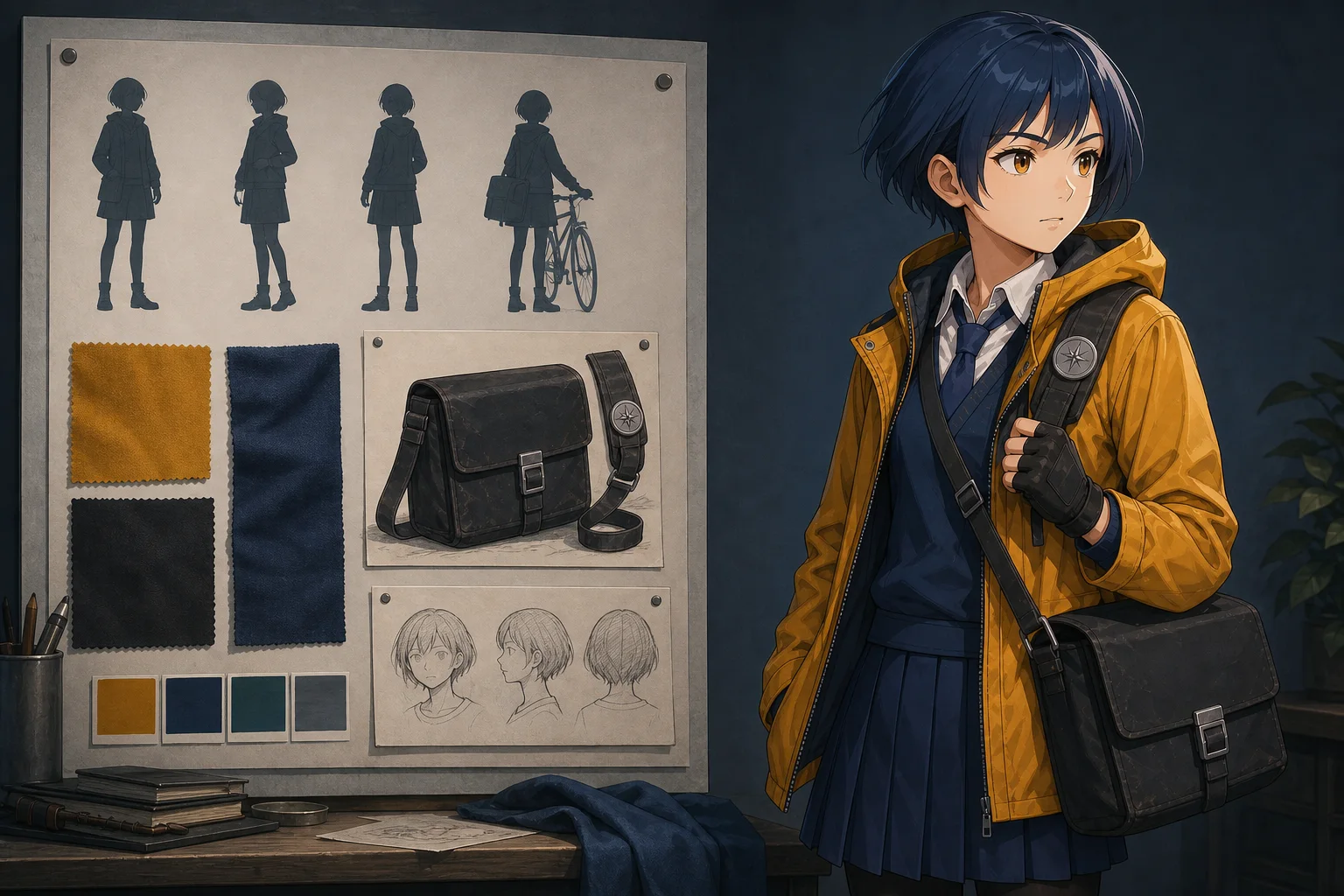 Visual character brief board with silhouette studies, fabric swatches, and the finished anime courier