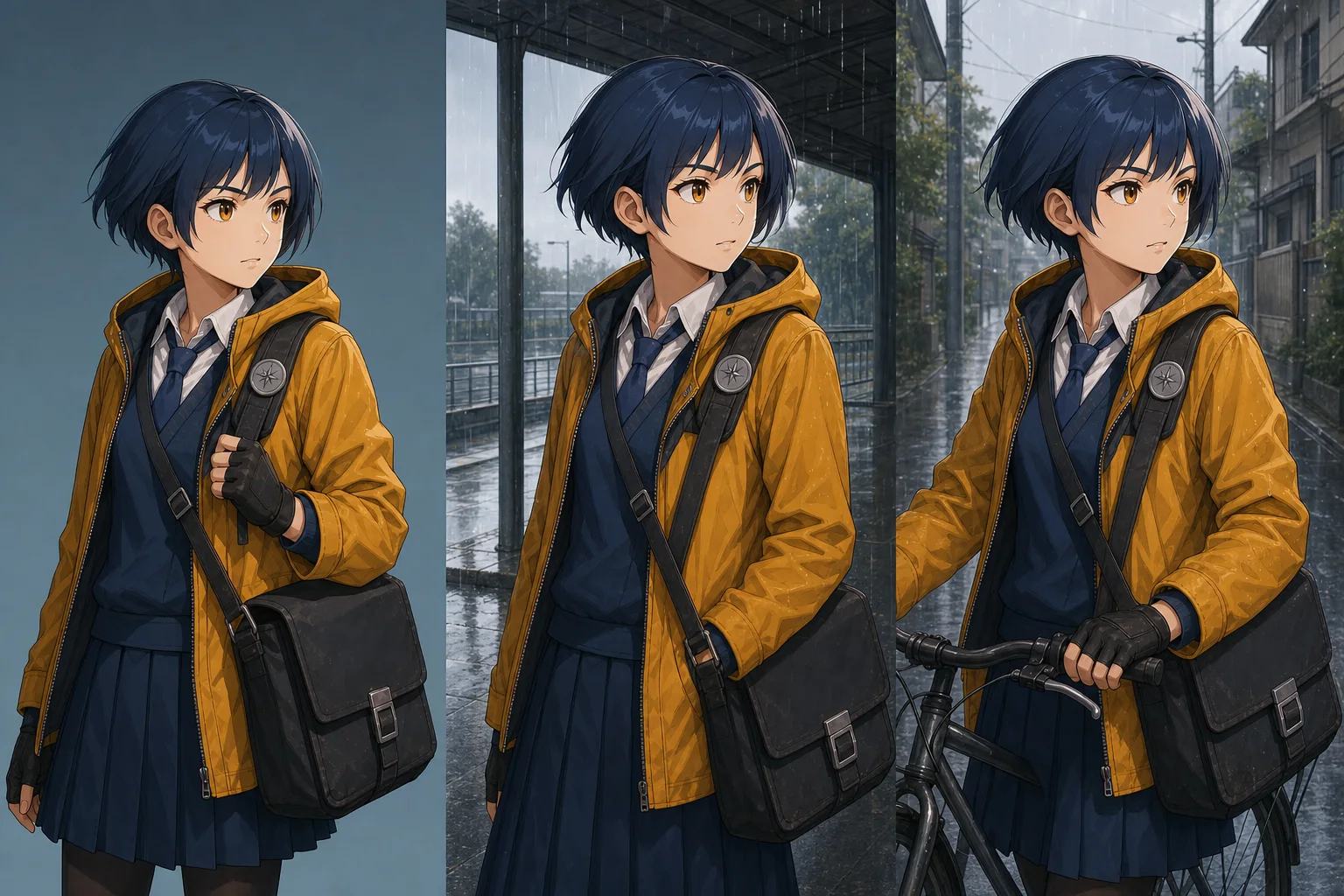 The same anime bicycle courier kept visually consistent across three different scenes