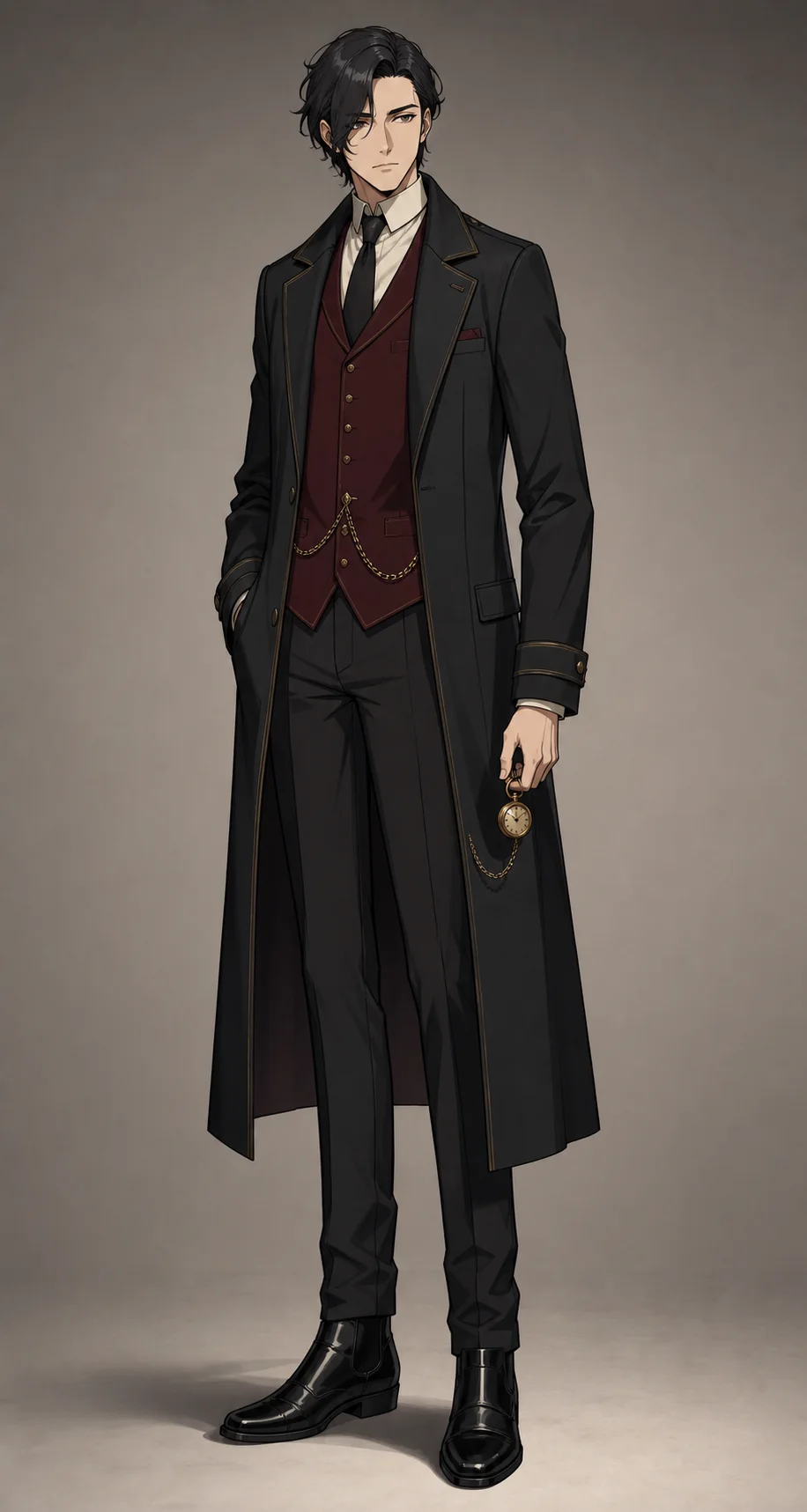 Full-body cel-shaded anime train conductor with complete footwear visible