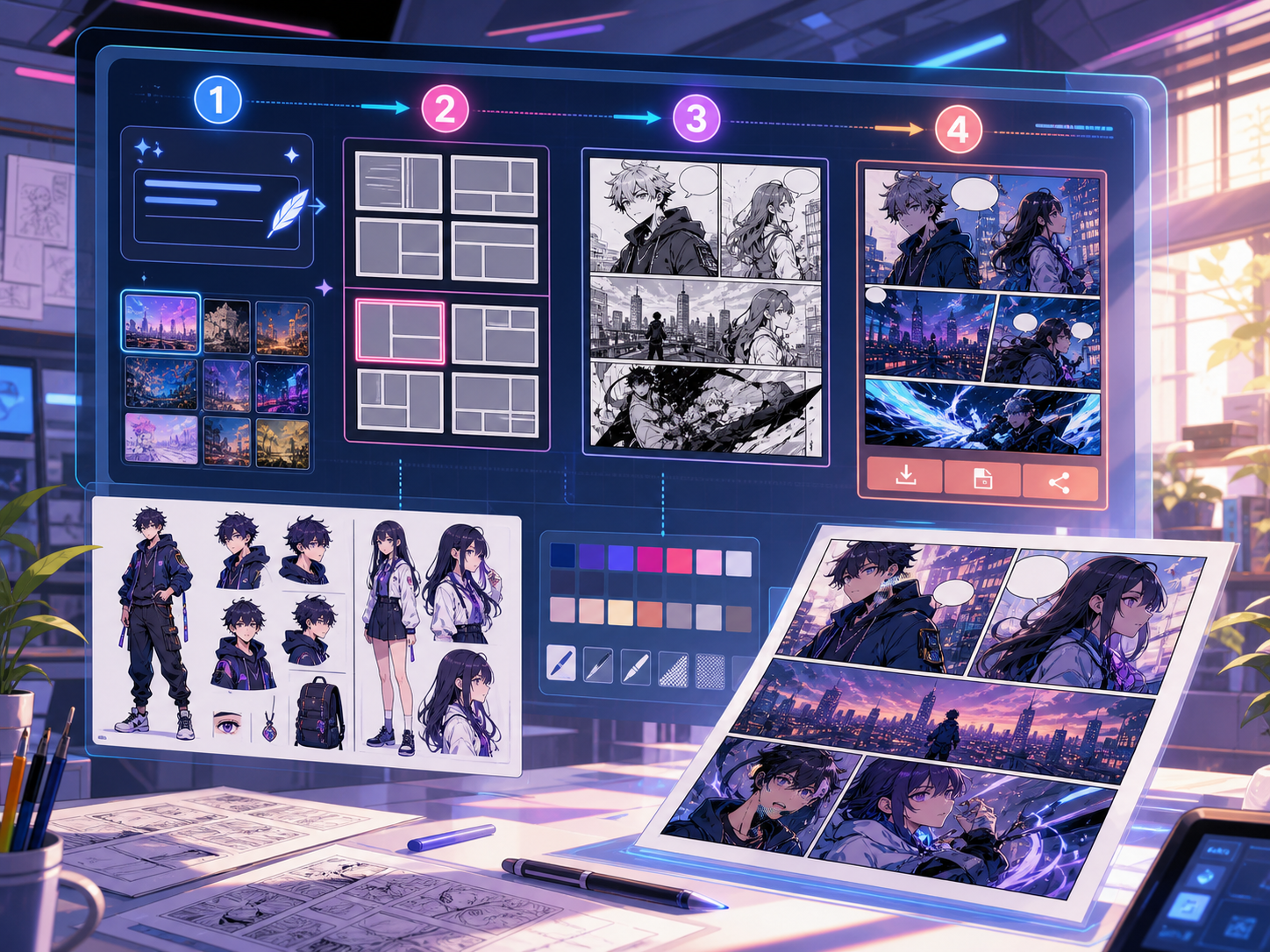 A comics workflow showing a rough idea becoming organized comic panels