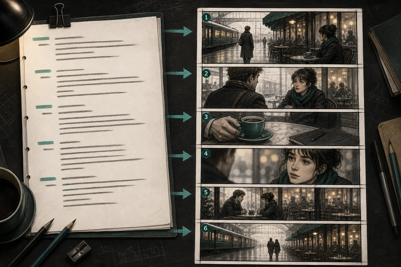 Ilustrasi editorial halaman naskah menjadi kafe enam bingkai dan storyboard platform kereta api