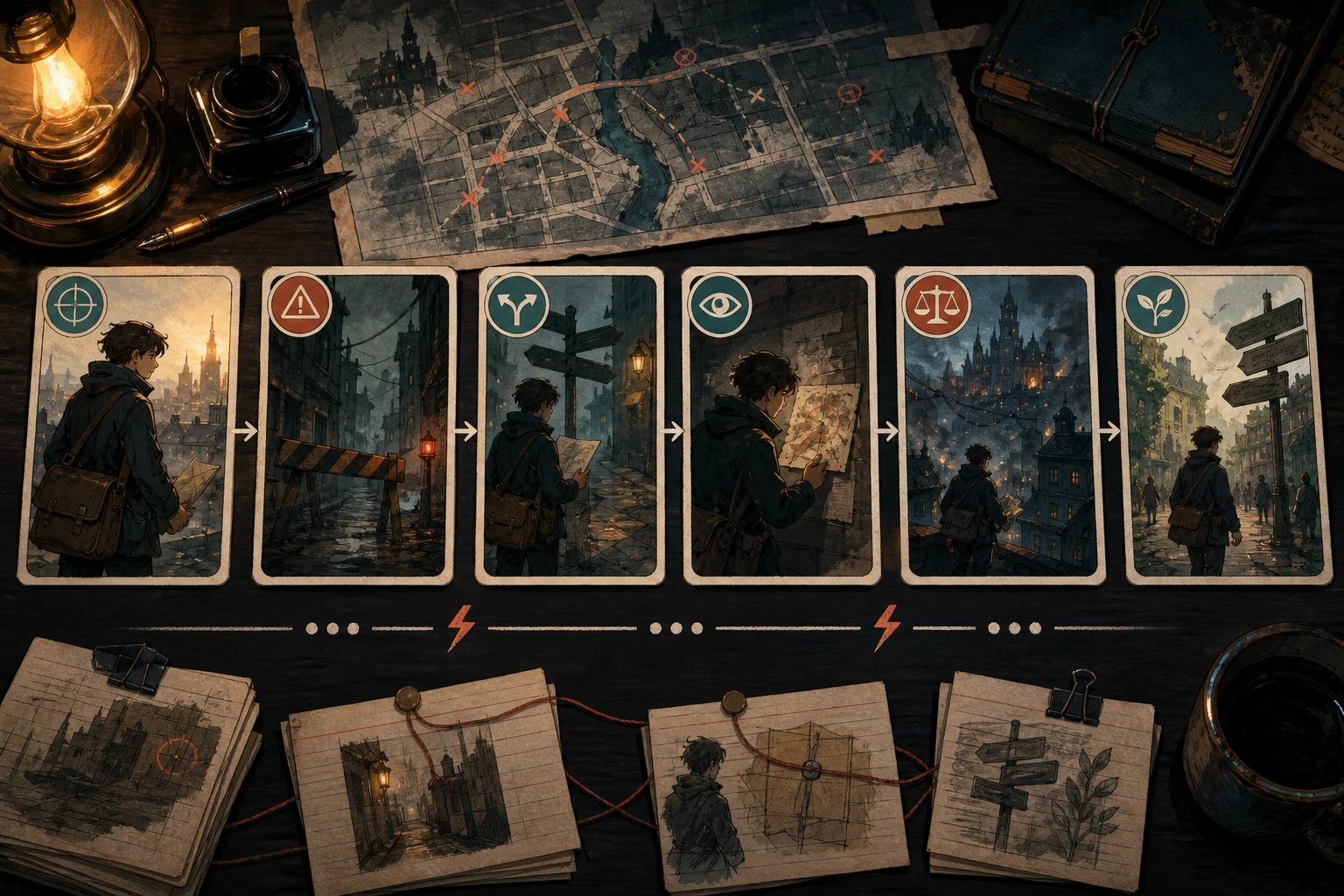 Editorial illustration of six connected story cards following a courier through goal, obstacle, discovery, climax and ending