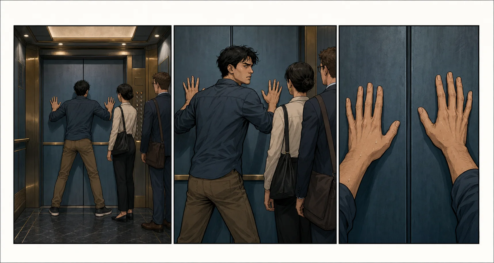 Three comic panels showing the same trapped elevator moment as a wide shot, medium shot, and close-up of hands on the doors