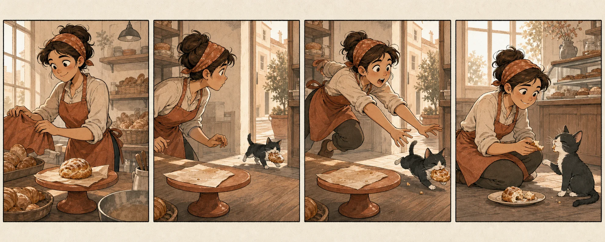 A wordless four-panel comic in which a bakery cat steals a pastry and the baker decides to share it