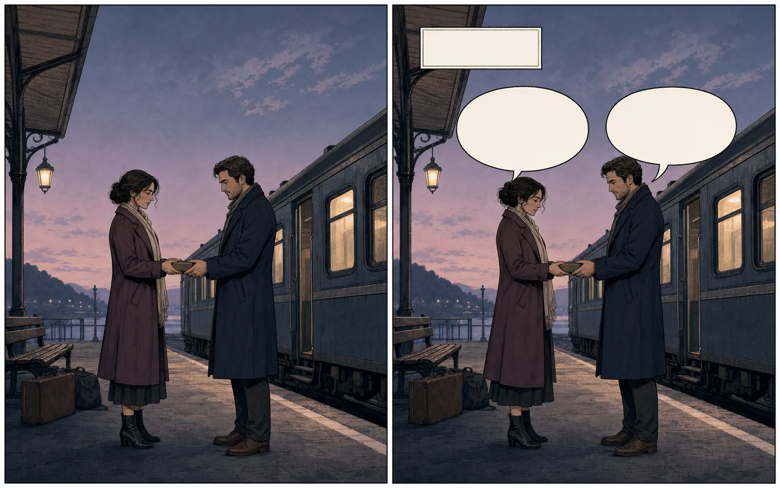 A train platform comic scene shown before and after two blank speech balloons and a blank caption are placed in its negative space