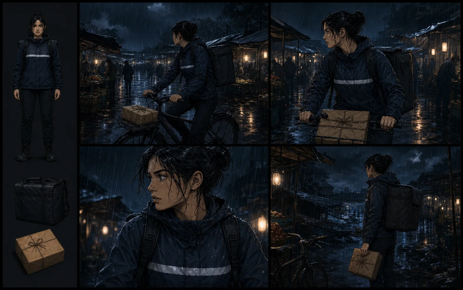 A comic production board keeping the same raincoat, reflective stripe, delivery bag, parcel, and courier consistent across four night-market shots