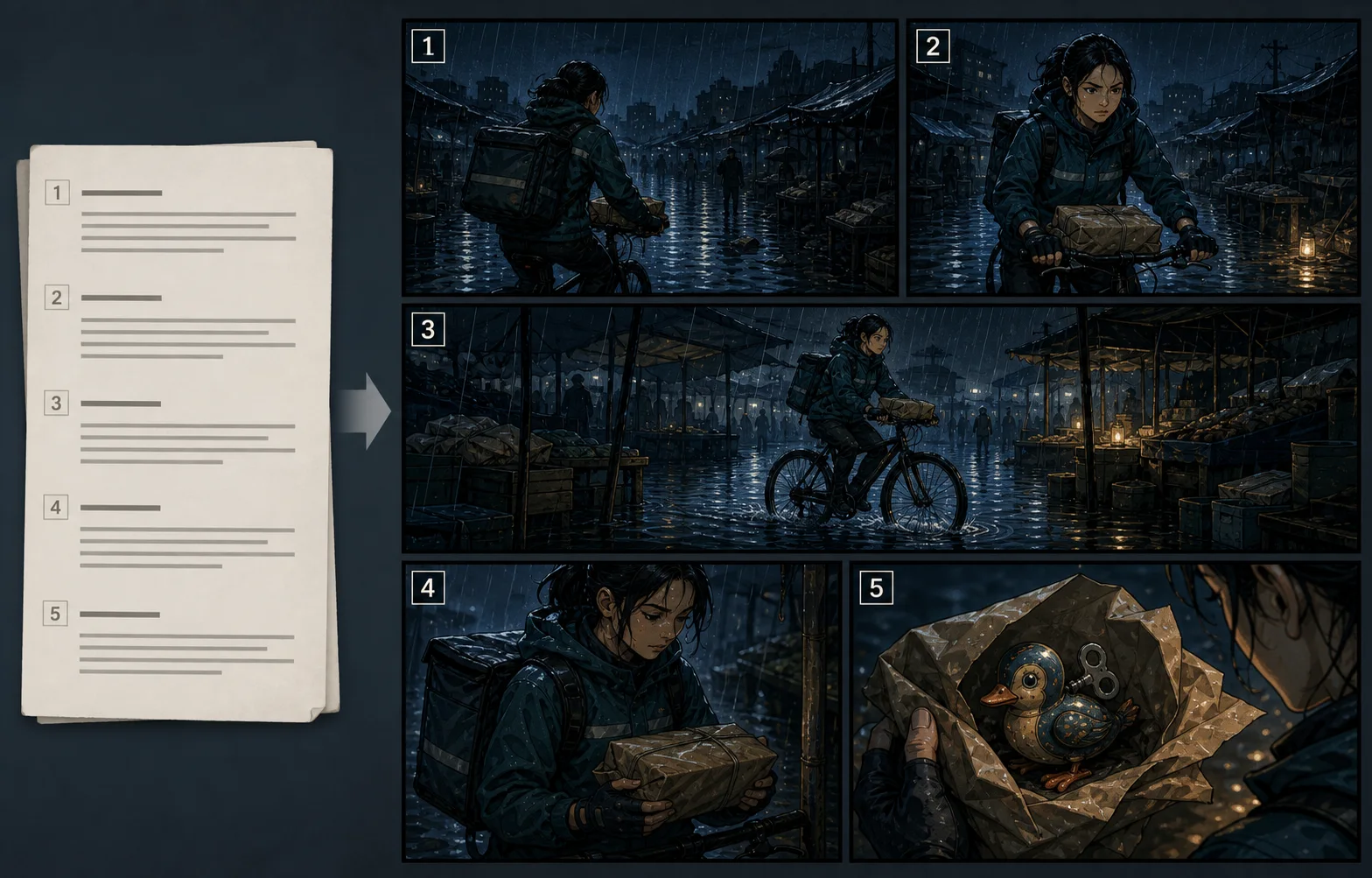 A numbered comic script outline translated into five storyboard panels about a courier crossing a rainy night market