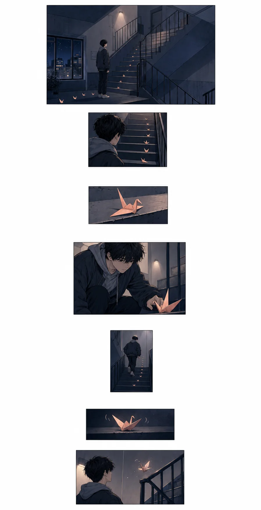 A vertical-scroll storyboard in which a character follows glowing paper cranes up a dark apartment stairwell