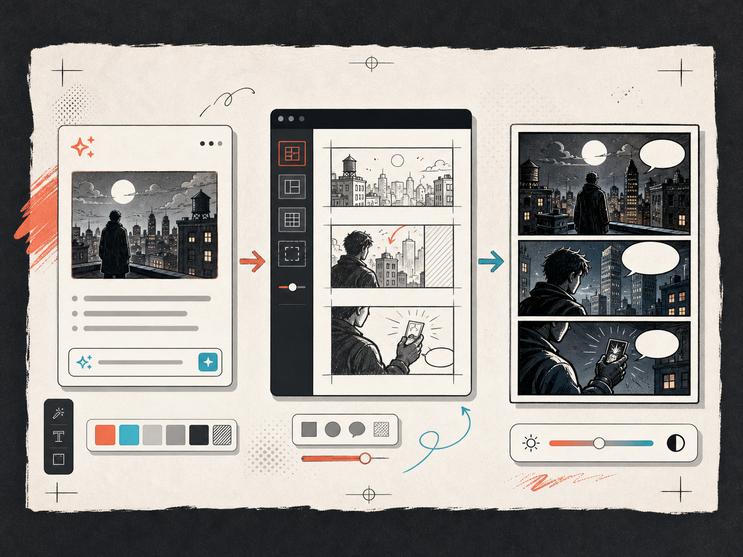 A clean comic maker interface with panels, notes, and layout controls