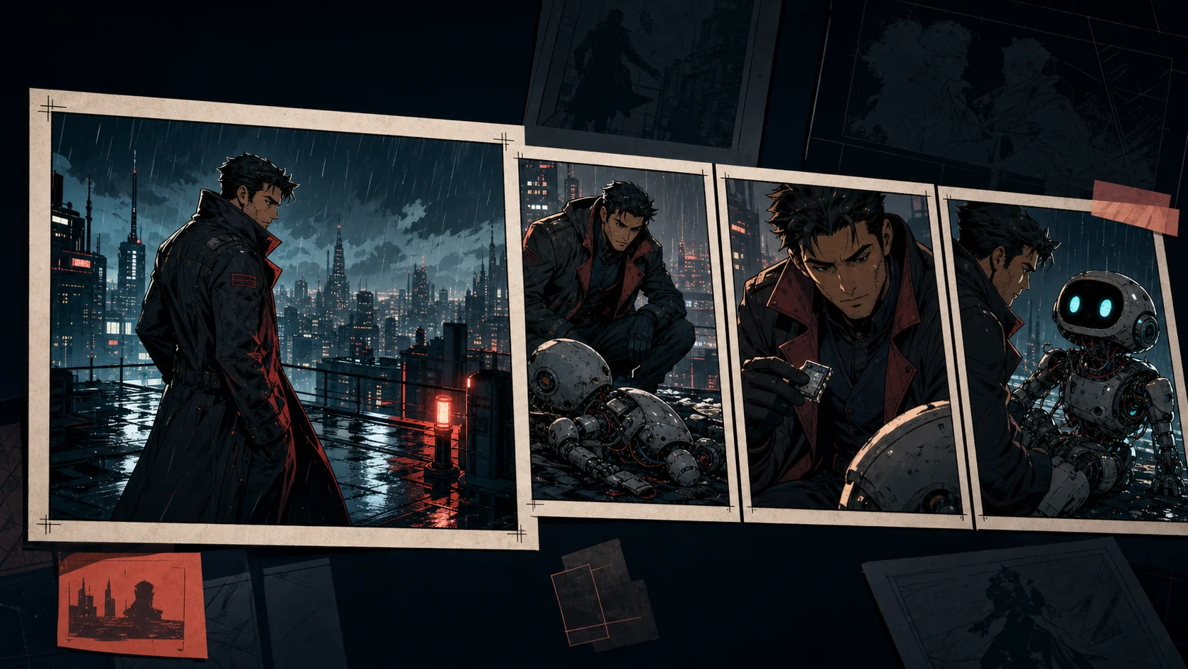 Four-panel cyber detective comic showing a rooftop discovery from scene setup to the robot activating