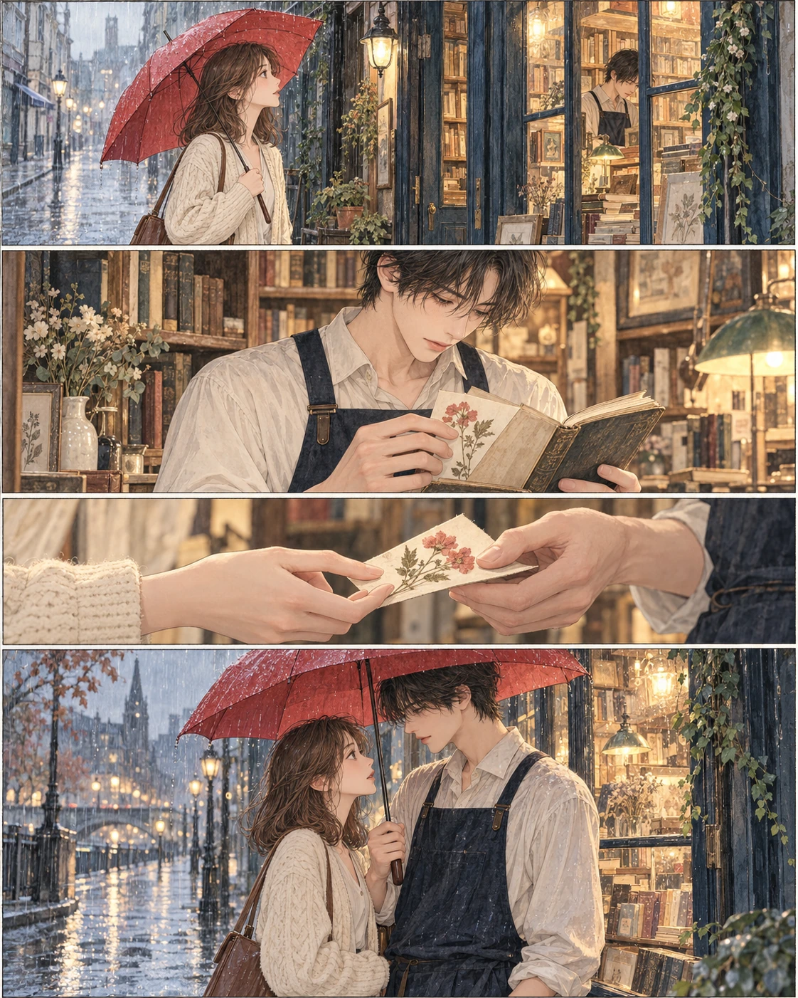 Original romance manga about a pressed flower, a bookshop and a shared red umbrella