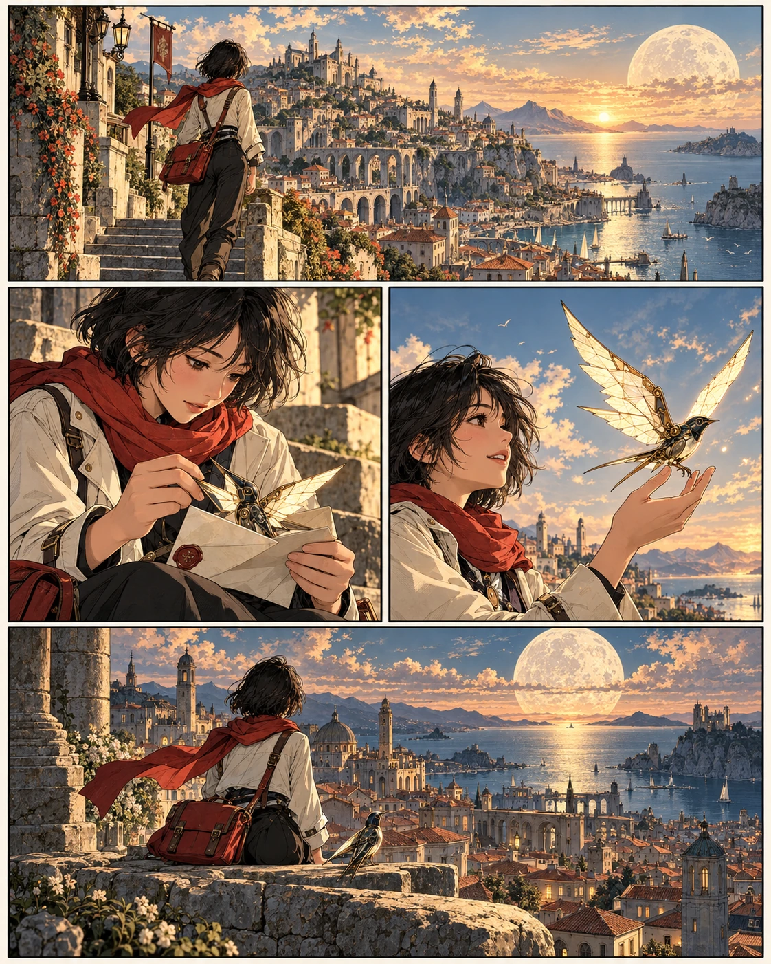 Original adventure manga following a courier and a mechanical swallow through a moonlit coastal city