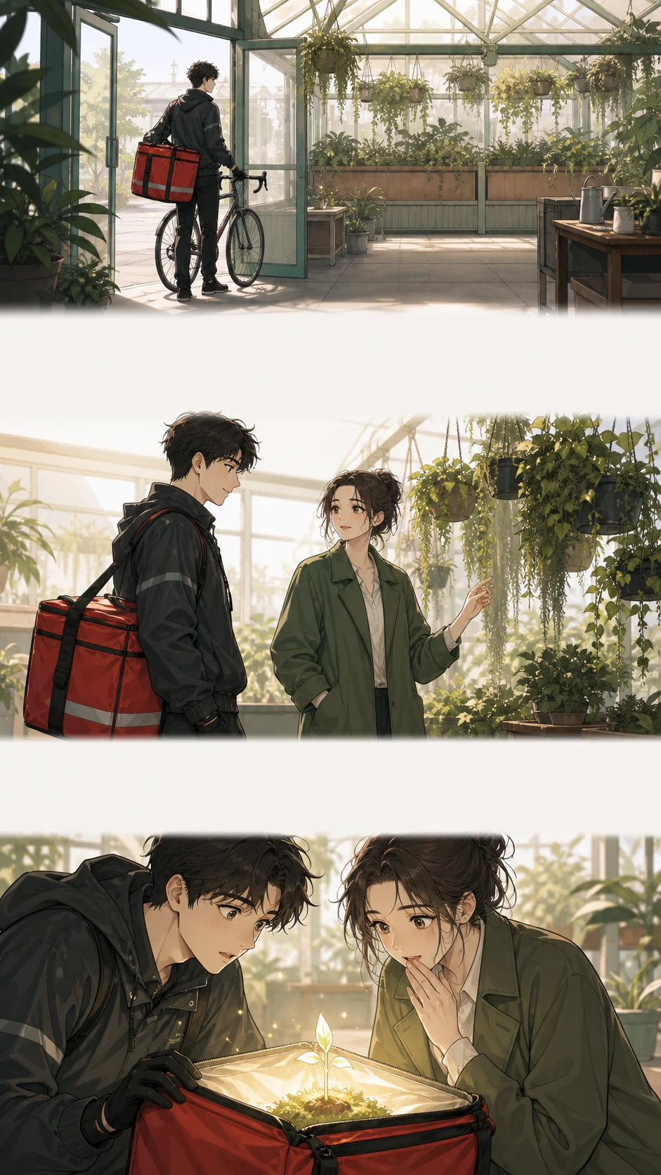 Original tall greenhouse webtoon source with three story beats and pale transition gutters