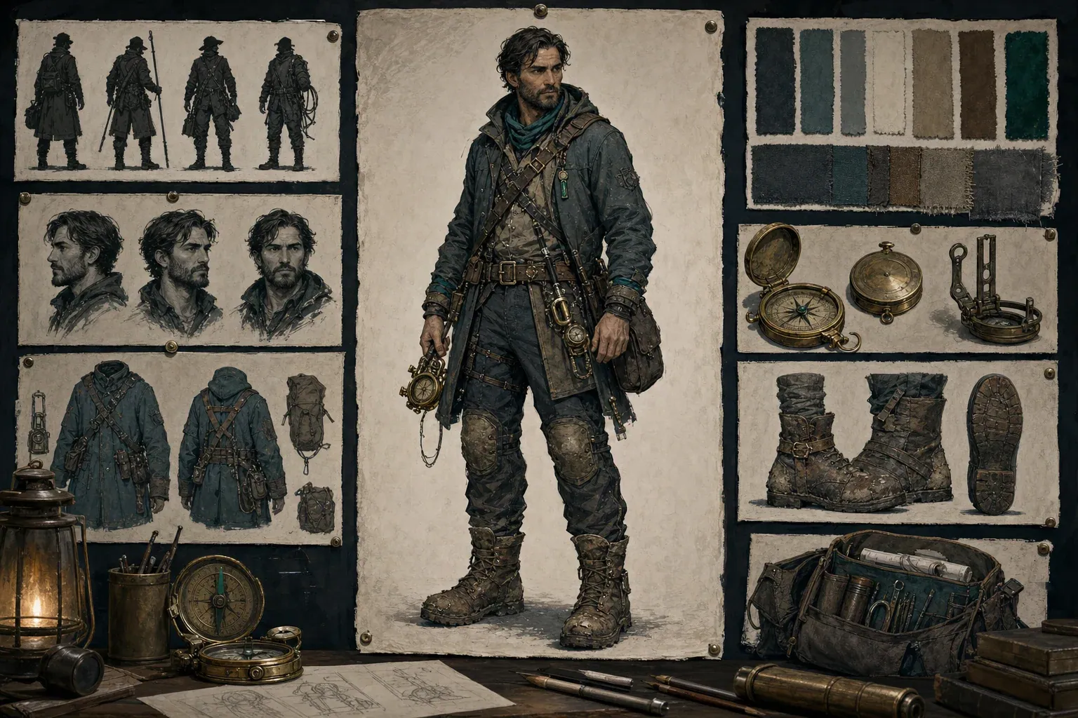 Pannello editoriale di design dei personaggi per un geometra originale con studi di silhouette, volto, abbigliamento, oggetti di scena, palette e stivali