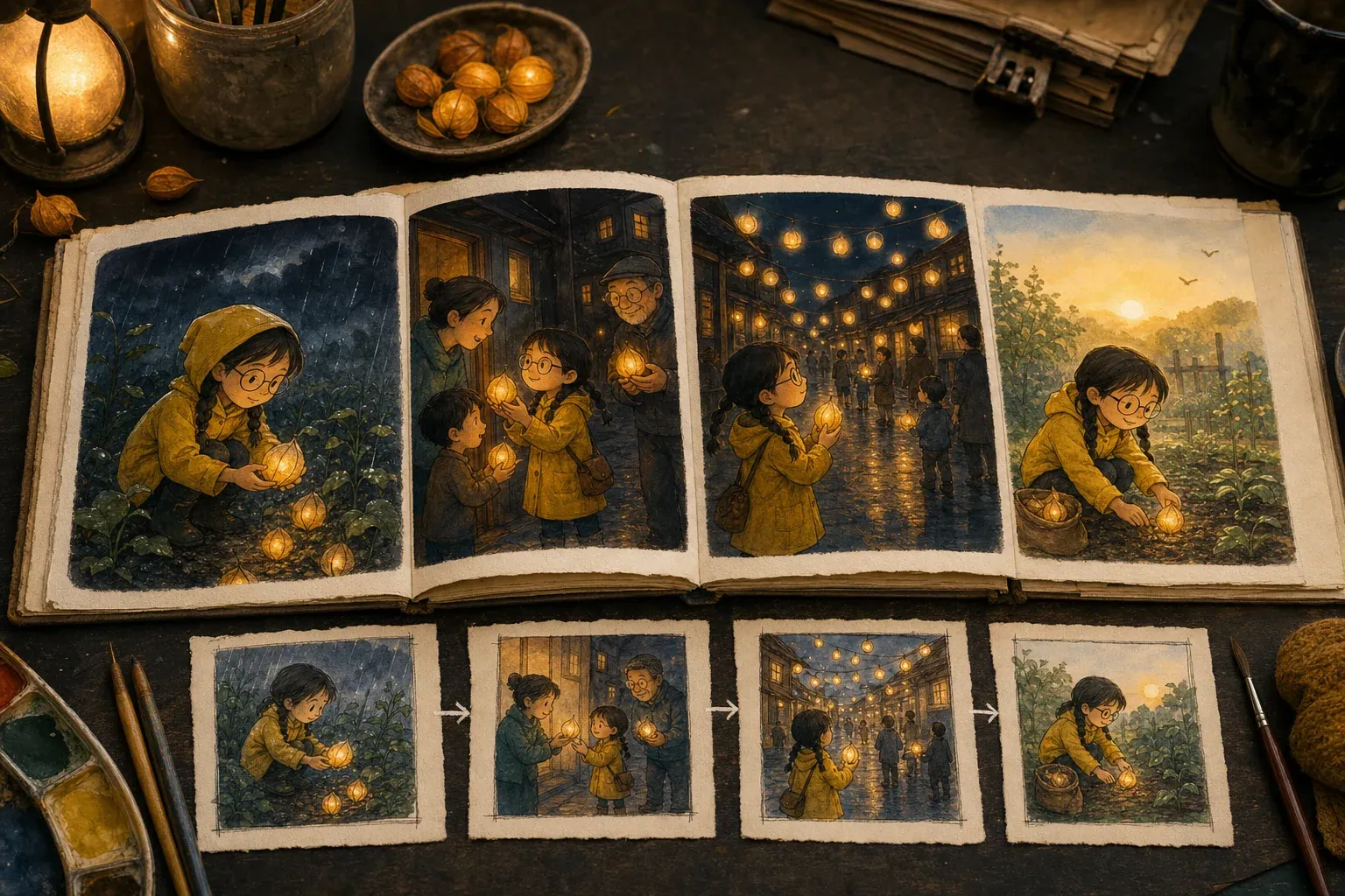 رسم تحريري بالألوان المائية لكتاب مصور للأطفال مخطط له على أربع صفحات مع بذور متسقة للطفل والفانوس
