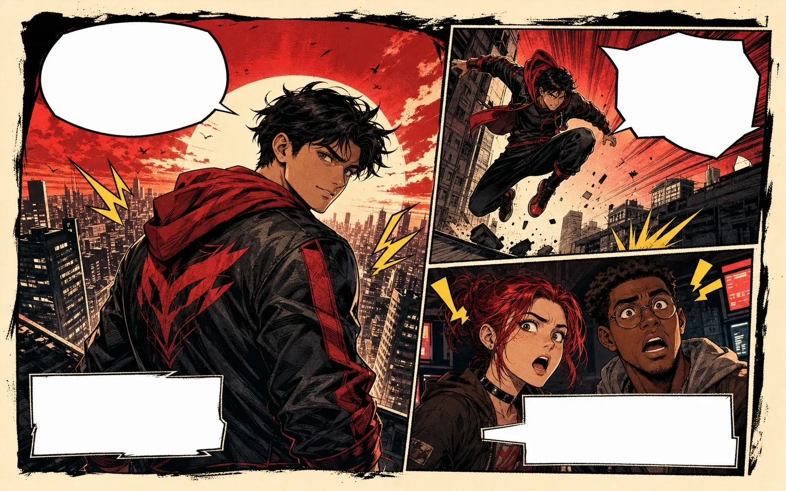 Comic translator before and after preview with blank comic speech bubbles