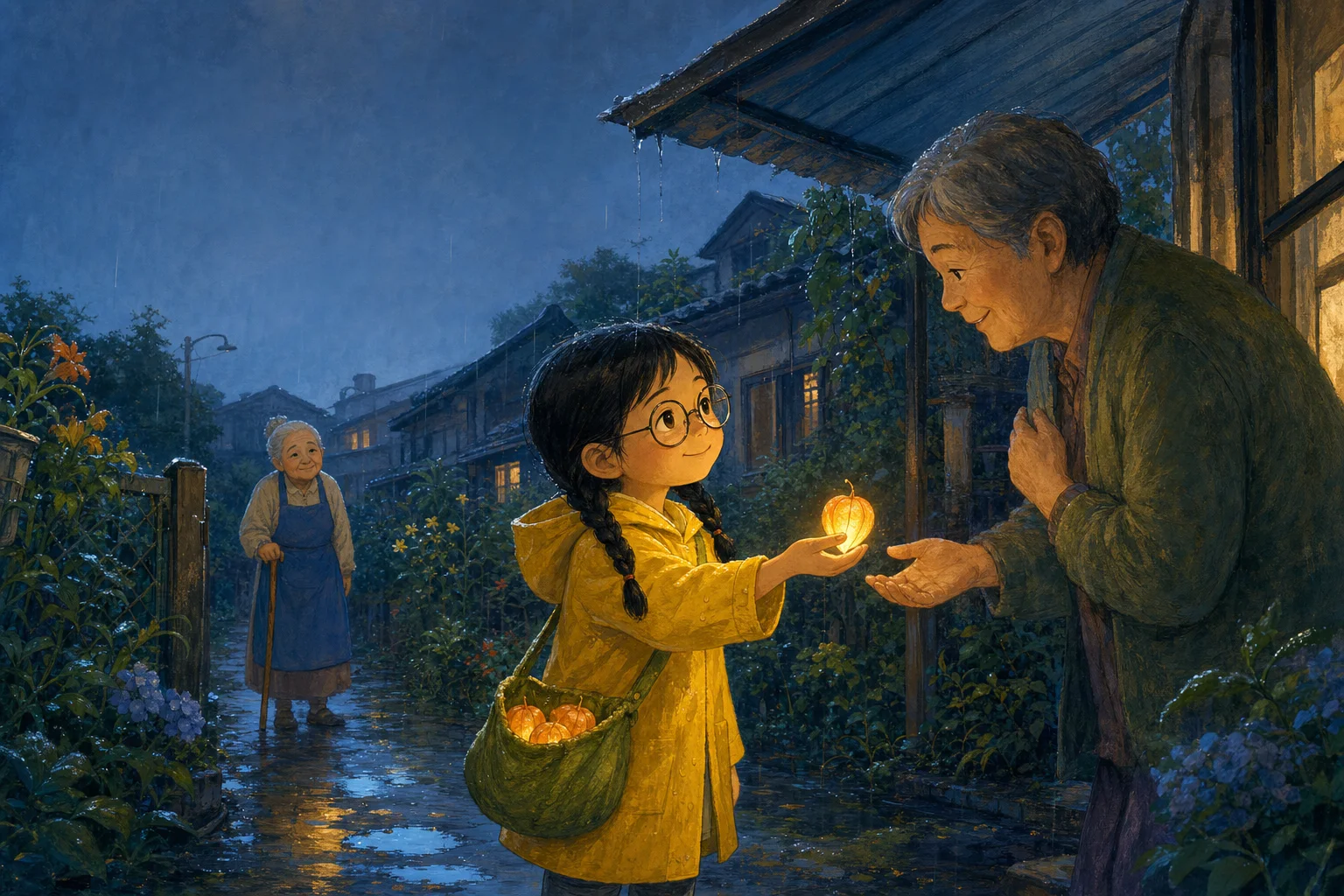 ภาพประกอบหนังสือนิทานที่คัดสรรมาอย่างดีของ Nia แบ่งปันเมล็ดโคมไฟในขณะที่คุณยายโซลเฝ้าดูจากสวน